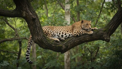 Obraz premium Majestic leopard rests on thick tree branch in rich forest. Distinctive spotted fur blends with green foliage. Predator feline lounges, gazing into distance. Powerful wild cat shows camouflage,
