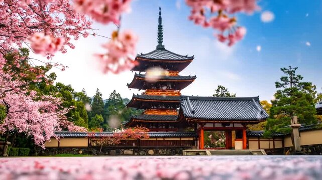 Buddhist Pagoda at the Temple. A Japanese temple famous for its beautiful cherry blossoms. 4K video.