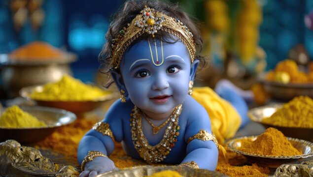 Hindu Krishna festival: Janmashtami joy, cute toddler, young monarch, smiling deity, baby dress, blue skin, adorable infant, yellow garment, divine birth, Rohini Ashtami, Gokulashtami Jayanti