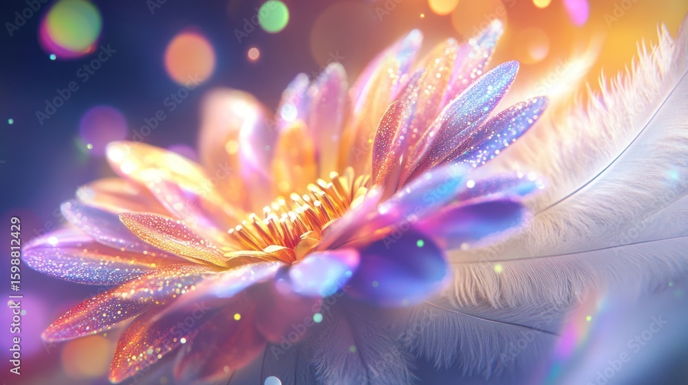 Poster an iridescent flower with a soft feather, bathed in warm and cool light, with bokeh effects creating