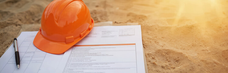 Orange safety helmet and pen rest on checklist paper on sandy construction site. Document details project inspection, safety, quality control, and compliance procedures for building or infrastructure.