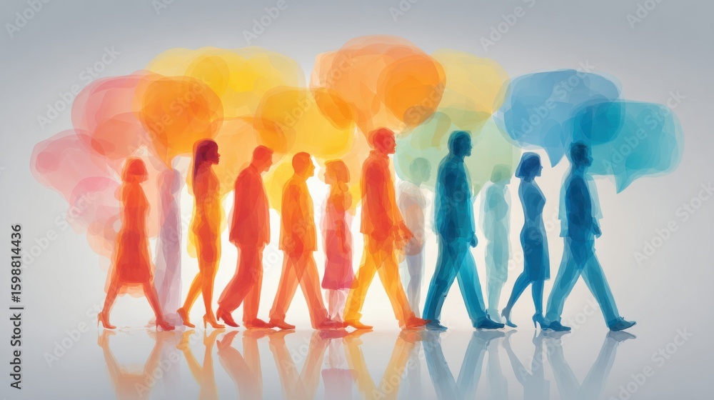 Poster a group of people walking down a street with colorful speech bubbles. the speech bubbles are in diff