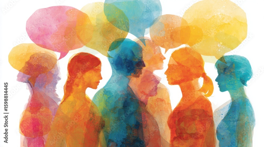 Poster a group of people are talking to each other in a circle. the people are all different colors and siz