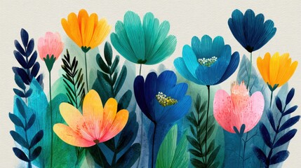 A painting of a field of flowers with a blue sky in the background. The flowers are of various colors and sizes, and they are arranged in a way that creates a sense of depth and movement