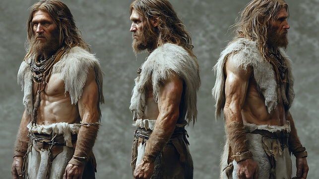 Triple Portrait of Muscular Neanderthal Men in Animal Skins