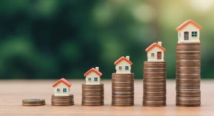 Rising home values concept showcases miniature houses on growing coin stacks depicting real estate investment and financial success