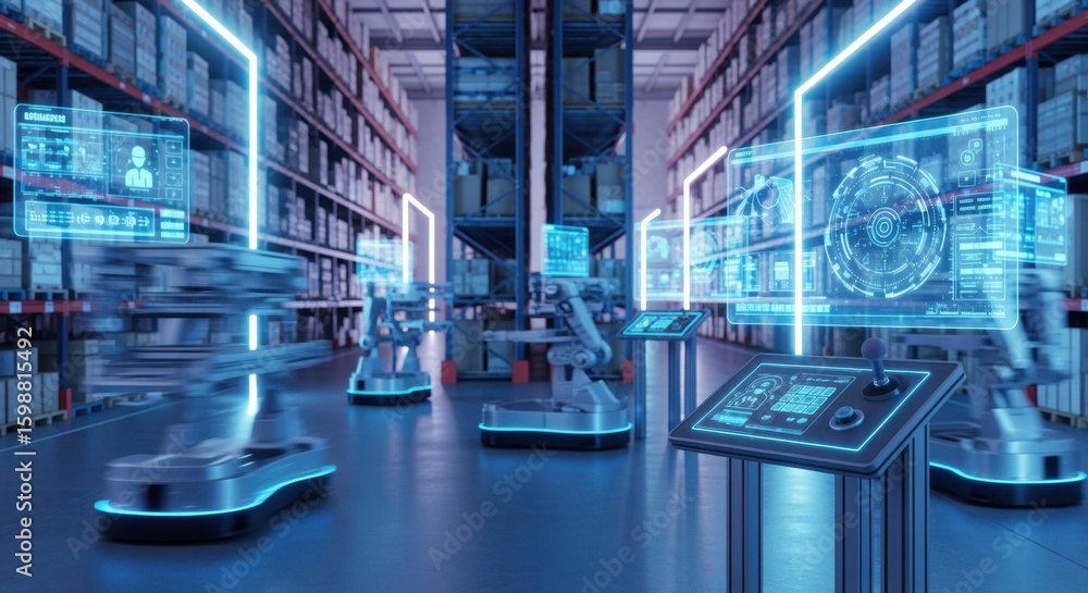Poster neonlit distribution center showcasing robotic inventory management and interactive digital controls