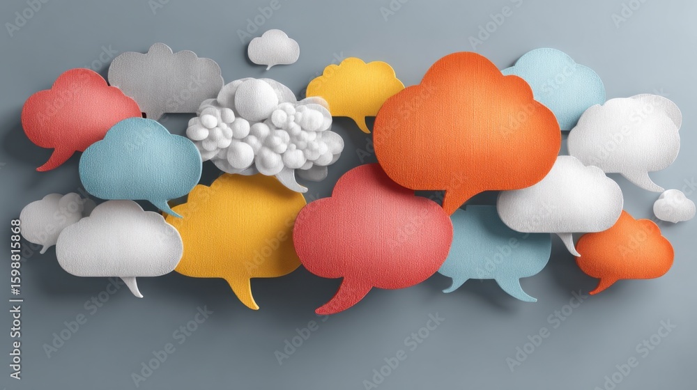 Poster a colorful collage of speech bubbles with clouds in the background. the speech bubbles are of variou