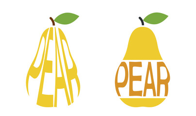 Two pears with inscription pear. Natural organic fruits. Harvest, agriculture and gardening symbols. Isolated vector images