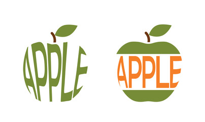 Two apples with inscription apple. Natural organic fruits. Harvest, agriculture and gardening symbols. Isolated vector images