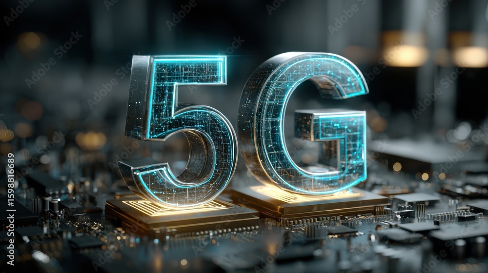 Poster a computer chip with the letters 5g on it. the letters are in a blue and silver color
