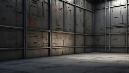 Industrial metal interior with concrete floor and wall panels perfect for backgrounds and staging