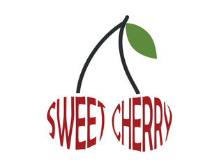 Inscription sweet cherries in shape of cherries. Natural organic fruit. Harvest, agriculture and farming symbol. Isolated vector image