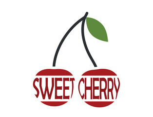 Cherries with inscription sweet cherries. Natural organic fruit. Harvest, agriculture and gardening symbol. Isolated vector image