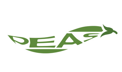 Peas with inscription peas. Vegetable, planting and harvest symbol. Natural organic food. Isolated vector image