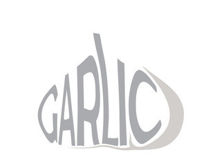 Inscription garlic in shape of garlic. Vegetable, planting and harvest symbol. Natural organic food. Isolated vector image
