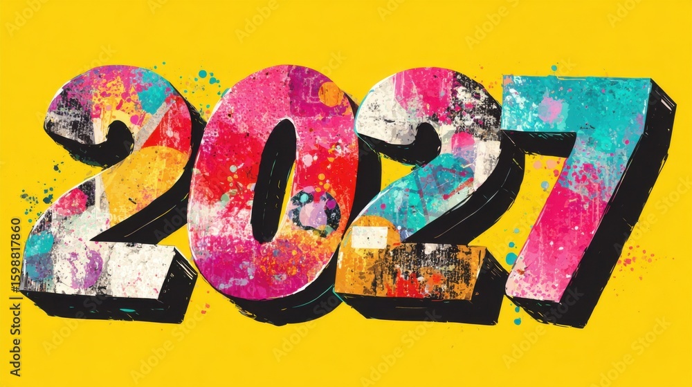 Aufkleber the year 2017 is written in a colorful and abstract way. the letters are made up of different shapes