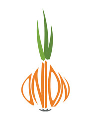 Inscription onion in shape of onion. Vegetable, planting and harvest symbol. Natural organic food. Isolated vector image
