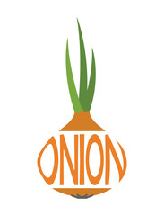 Onion with inscription onion. Vegetable, planting and harvest symbol. Natural organic food. Isolated vector image