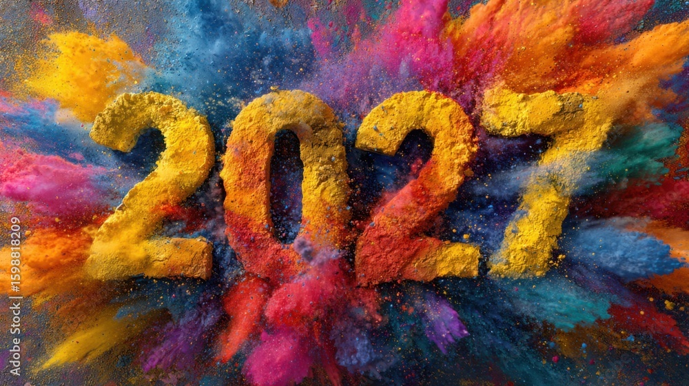 Poster the year 2017 is written in colorful letters on a colorful background. the letters are made out of c