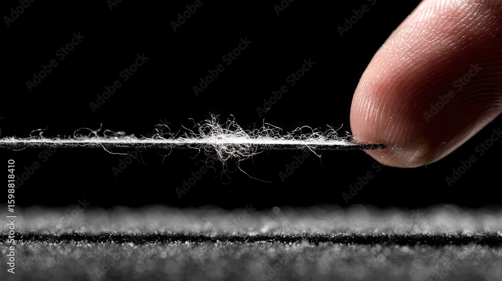 Poster close-up view of a thread with frayed fibers being touched by a finger.