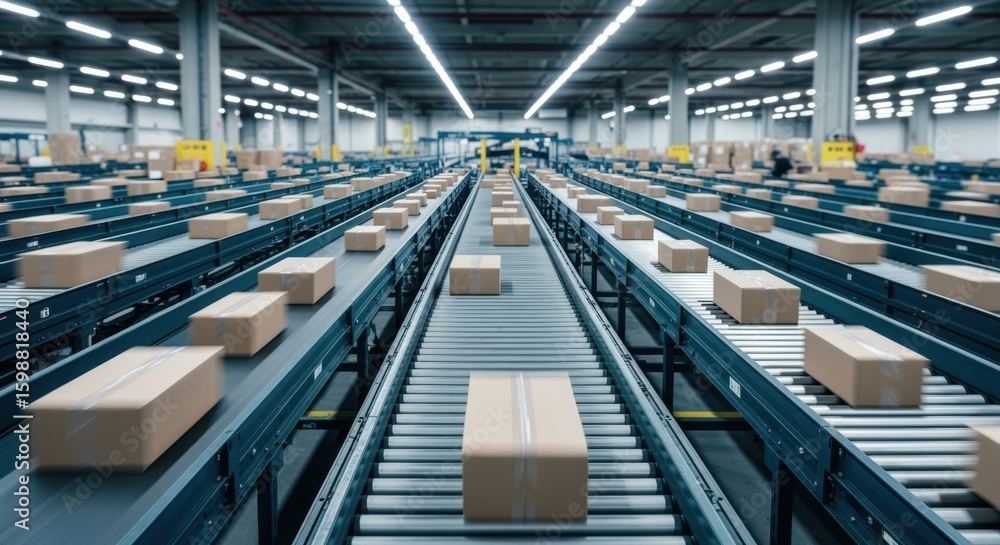 Aufkleber inside view of a busy warehouse floor featuring a continuous flow of packed cartons on moving belts.