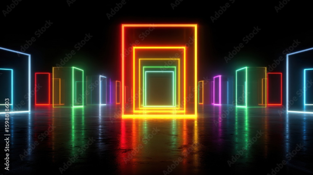Aufkleber a series of neon colored rectangles are lit up in a dark room. the rectangles are arranged in a row,