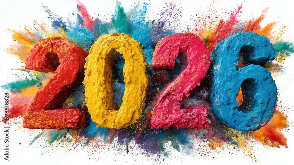 Poster the year is 2026 and it is a colorful explosion of numbers. the numbers are in different colors and 