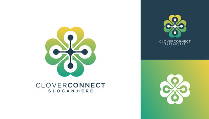 Minimalist combined of four-leaf clover with dot connected concept, Clover Tech logo design vector ideas.