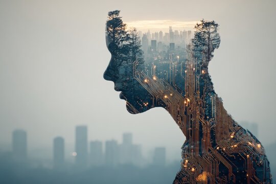 Human silhouette merges with circuitry: emotions and technology. Innovative dating tech. Ai wingman by grindr: a vision for 2027 in online dating. Ai dating concierges. Ai and emotions.