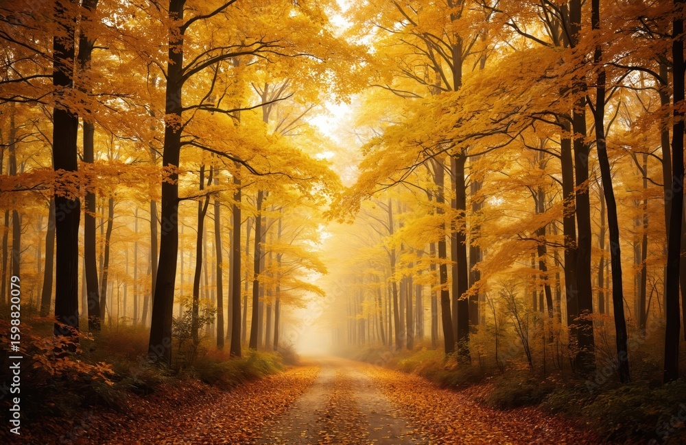 Poster sunlit forest path lined with vibrant yellow autumn leaves. tall trees with golden foliage create ca