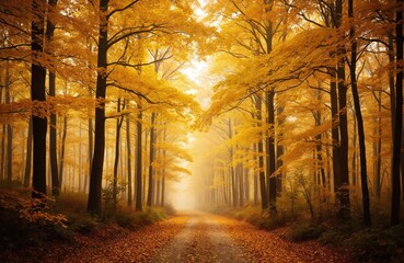 Sunlit forest path lined with vibrant yellow autumn leaves. Tall trees with golden foliage create canopy overhead. Ground covered in fallen leaves, creating colorful carpet. Light mist hangs in air,