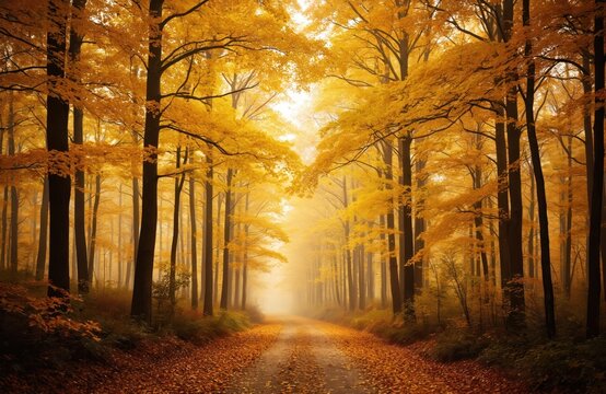 Sunlit forest path lined with vibrant yellow autumn leaves. Tall trees with golden foliage create canopy overhead. Ground covered in fallen leaves, creating colorful carpet. Light mist hangs in air, - Powered by Adobe