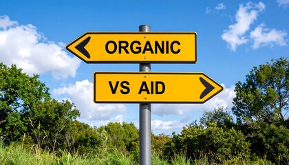 Yellow road signs with the words "Organic" and "VS Aid" on a split directional sign