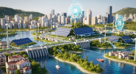 Conceptual digital art showing interconnected clean energy systems promoting environmental responsibility.