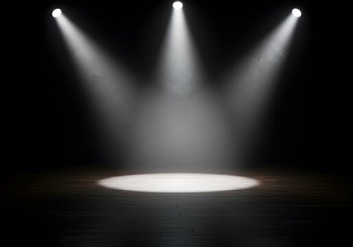 Three bright white spotlights illuminating a dark stage with a wooden floor creating a dramatic theatrical atmosphere