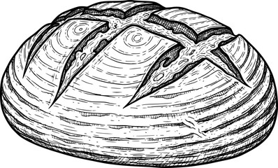 Crusty artisan sourdough bread loaf with detailed scoring patterns, hand-drawn style
