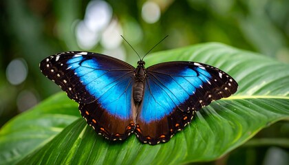 Vibrant blue butterfly resting on a lush green leaf