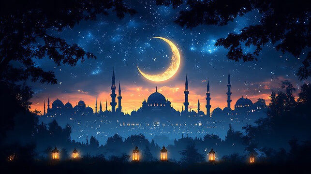 Magical Crescent Moon Night Over a City of Mosques