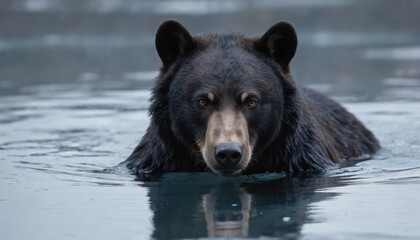 Fototapeta premium Close-up of black bear swimming in cold icy water. Focus on its intense eyes and wet fur. The bear looks directly at the camera, showing its powerful presence in its natural habitat.