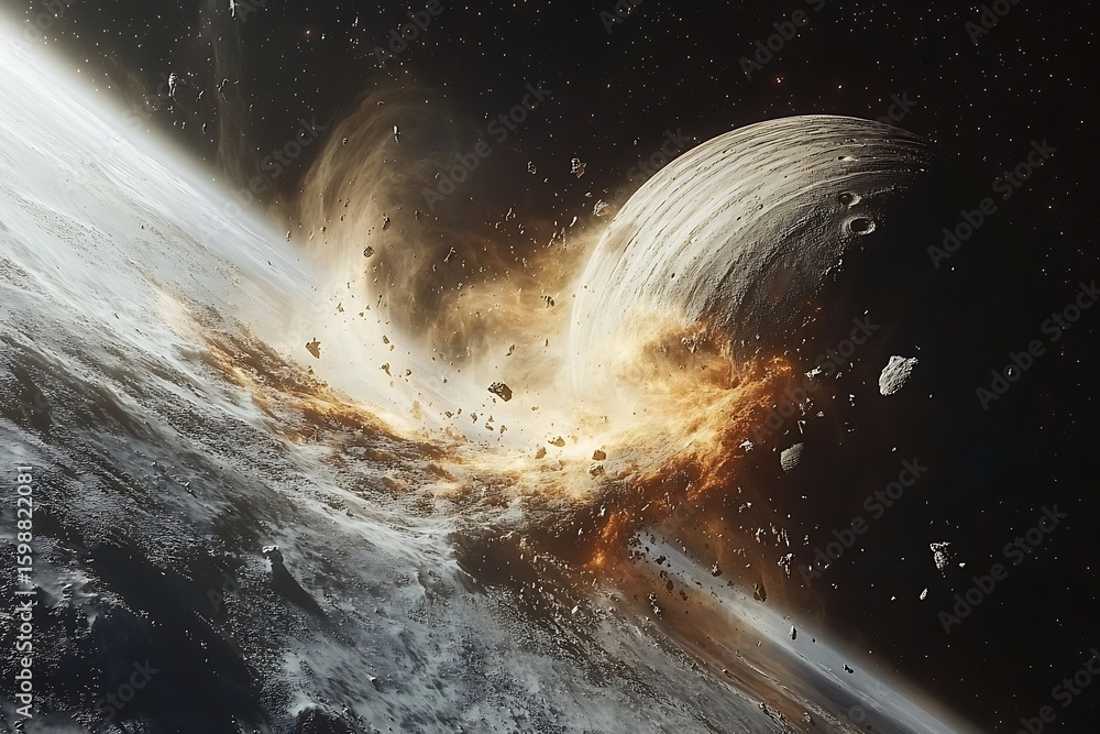 Poster planetary collision creating debris field in outer space with stars