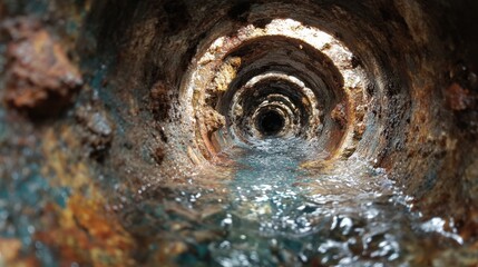 A rusty pipe with water running through it. The water is clear and the pipe is old. Scene is somewhat eerie and ominous