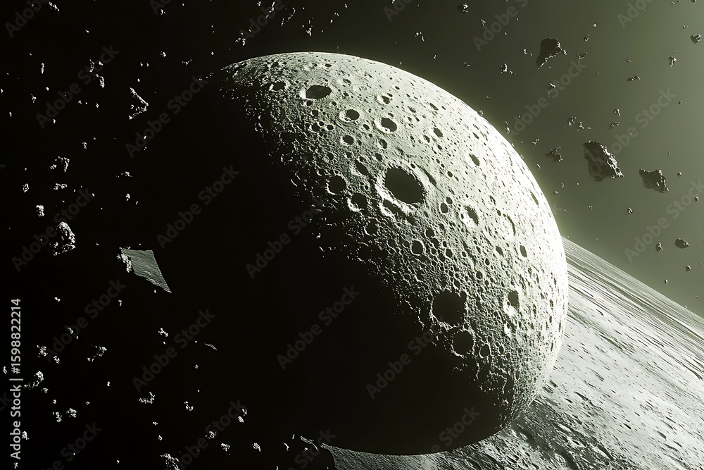 Poster Lunar Surface with Craters and Orbiting Debris Field in Deep Space