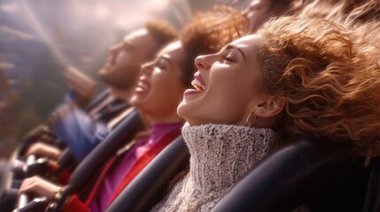 Excited people screaming with joy on a fast roller coaster ride. Their hair blows in the bright sunlight. This thrilling amusement park attraction brings pure fun and adrenaline for riders.