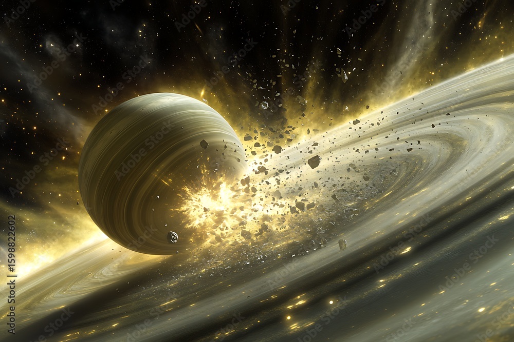 Poster exploring a saturn like planet with rings and debris field