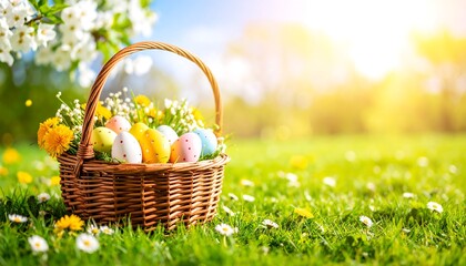 Easter basket with colorful eggs in a spring meadow