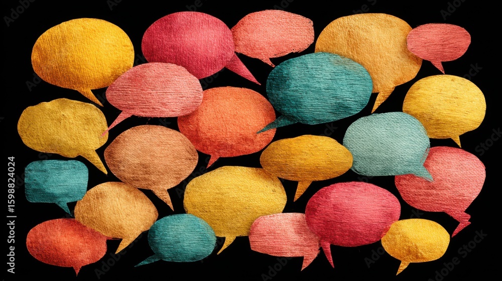 Poster a colorful array of speech bubbles are embroidered on a black background. the speech bubbles are of 
