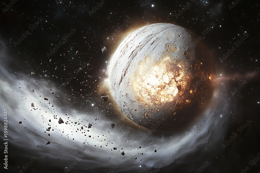 Poster planet with asteroid field against starry background outer space concept