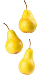 Three whole ripe yellow pears floating on a transparent background, perfect for healthy eating and food related designs
