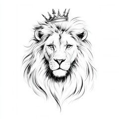Fototapeta premium A powerful majestic lion wears a royal crown, its flowing mane detailed, captured in a striking black and white portrait illustration, looking directly ahead.